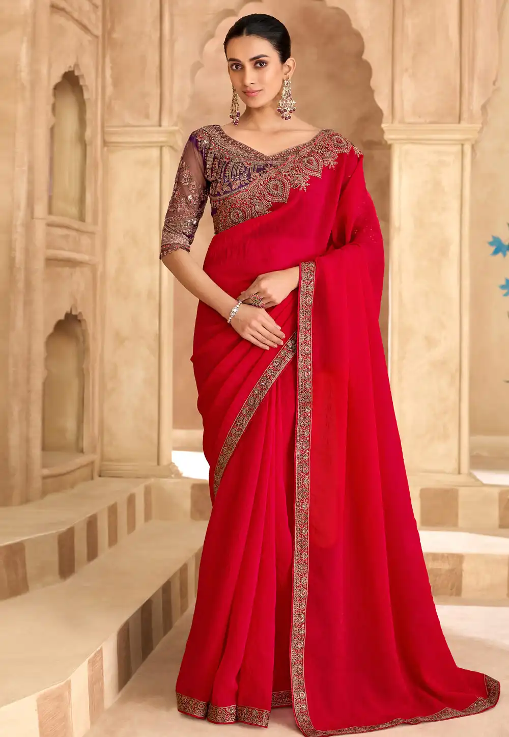 Red Satin Georgette Saree With Blouse 324678