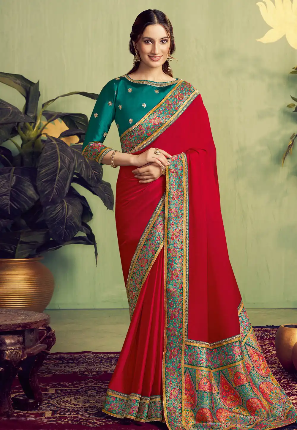 Red Satin Saree With Blouse 319871