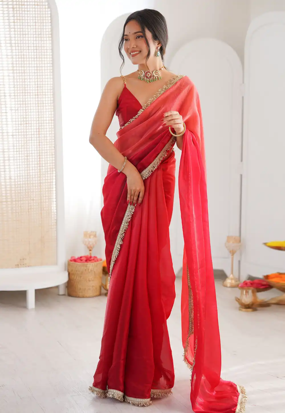 Red Satin Saree With Blouse 330274