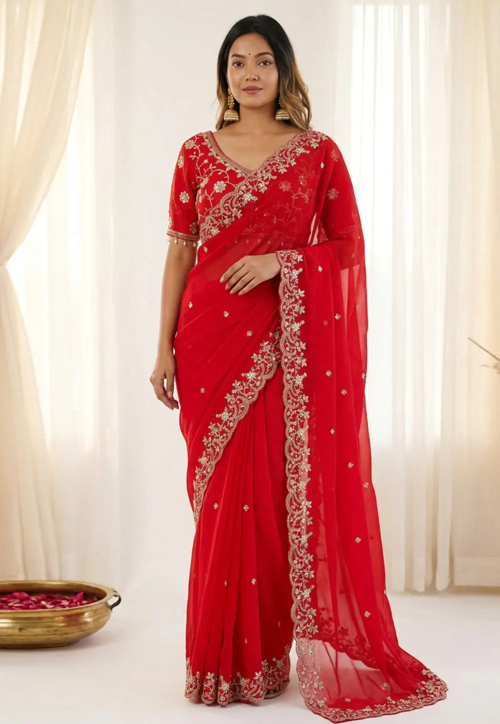 Red Satin Saree With Blouse 330994