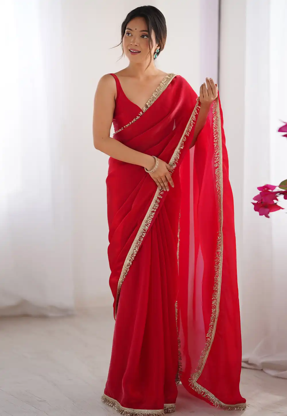 Red Satin Saree With Blouse 314258