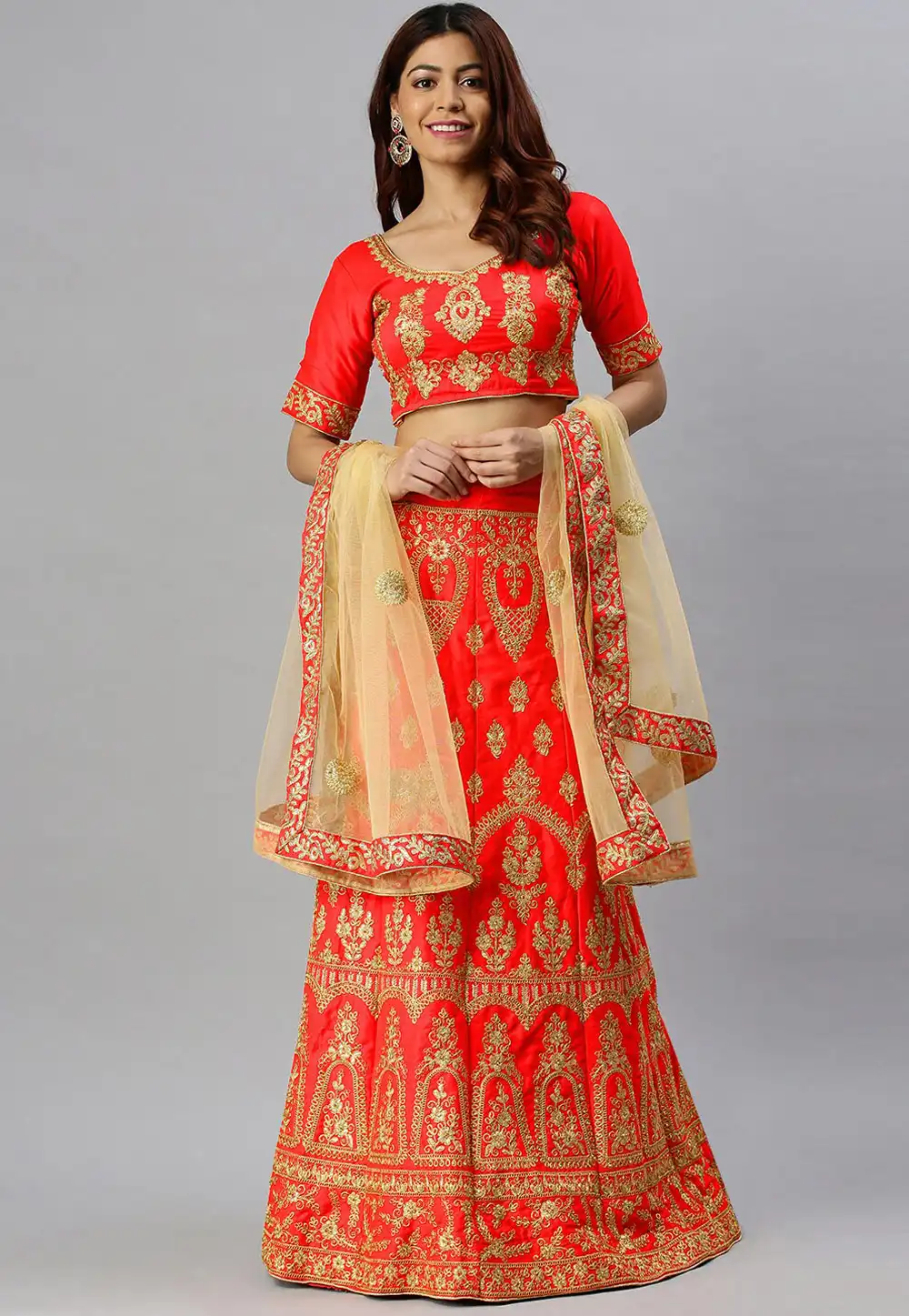 Red Satin Silk A Line Lehenga Choli 330438
