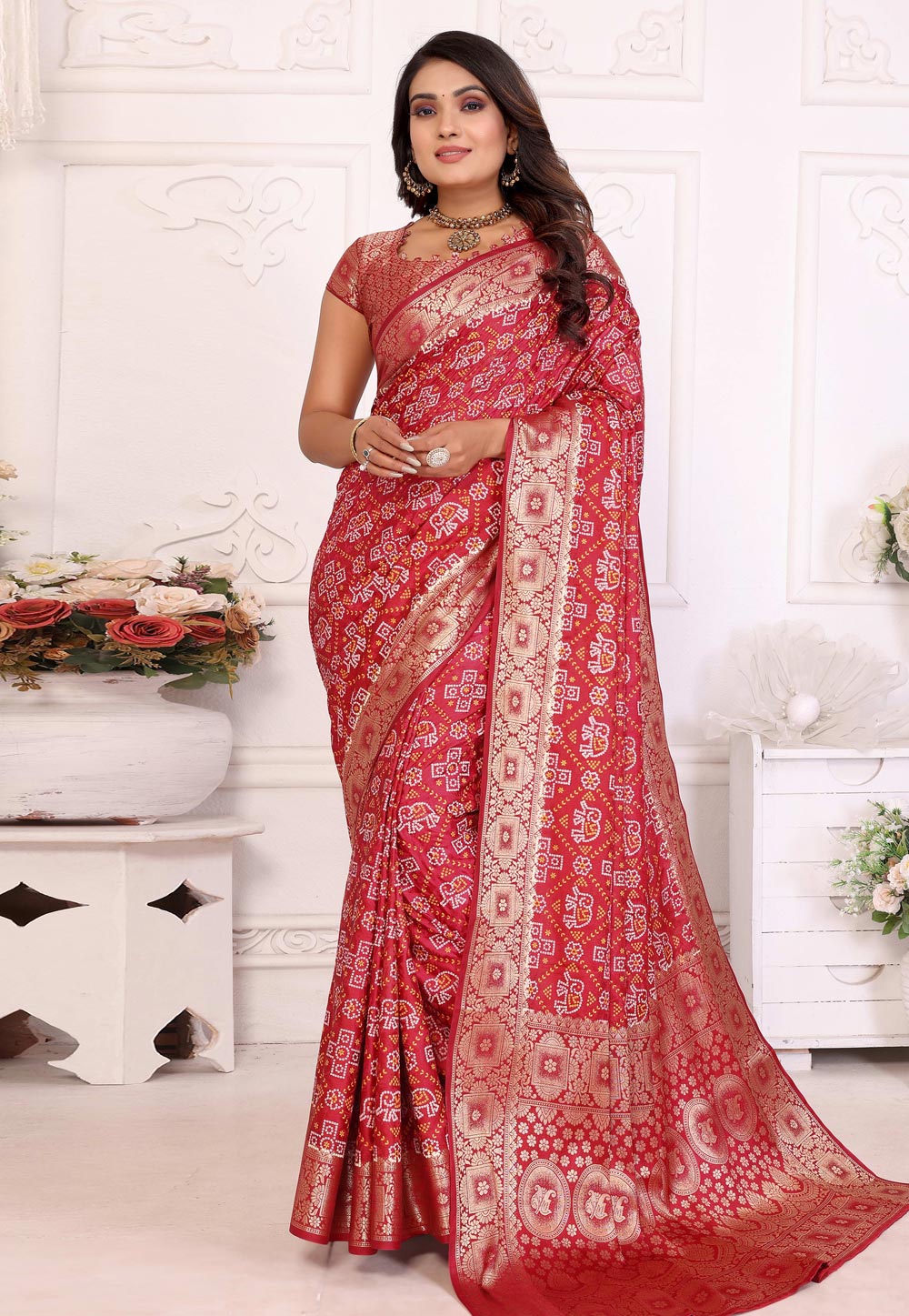 Red Satin Silk Bandhani Print Saree 319144