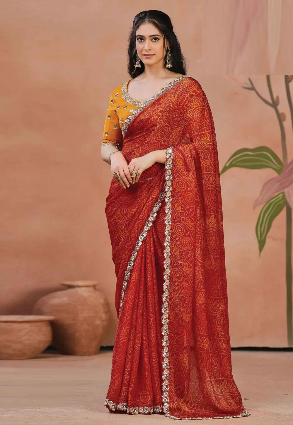 Red Satin Silk Bandhani Print Saree 333503