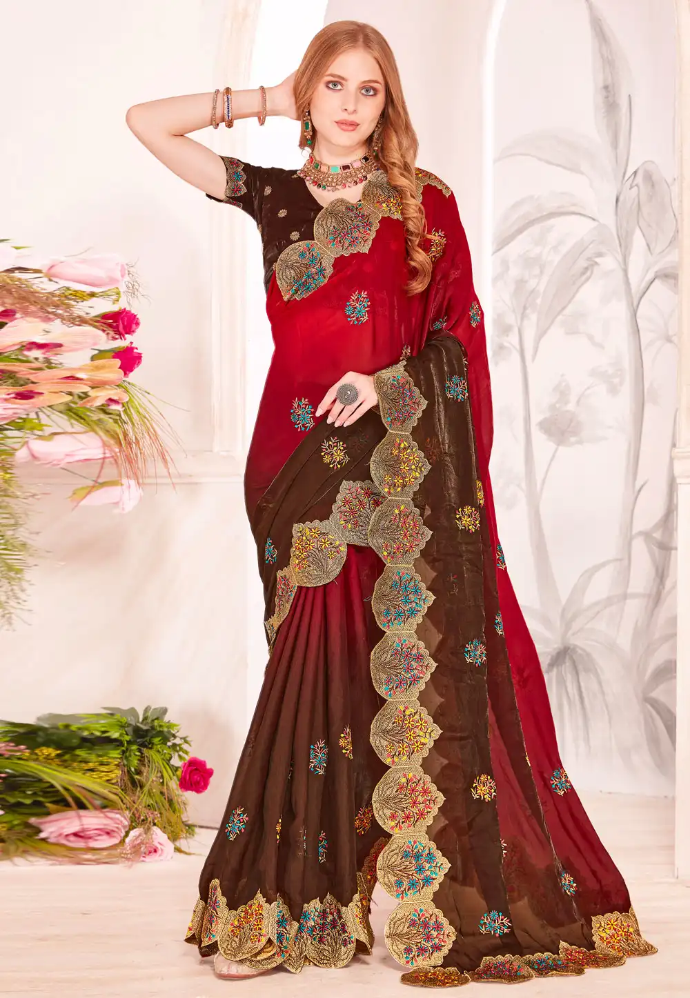 Red Satin Silk Half N Half Saree 315788