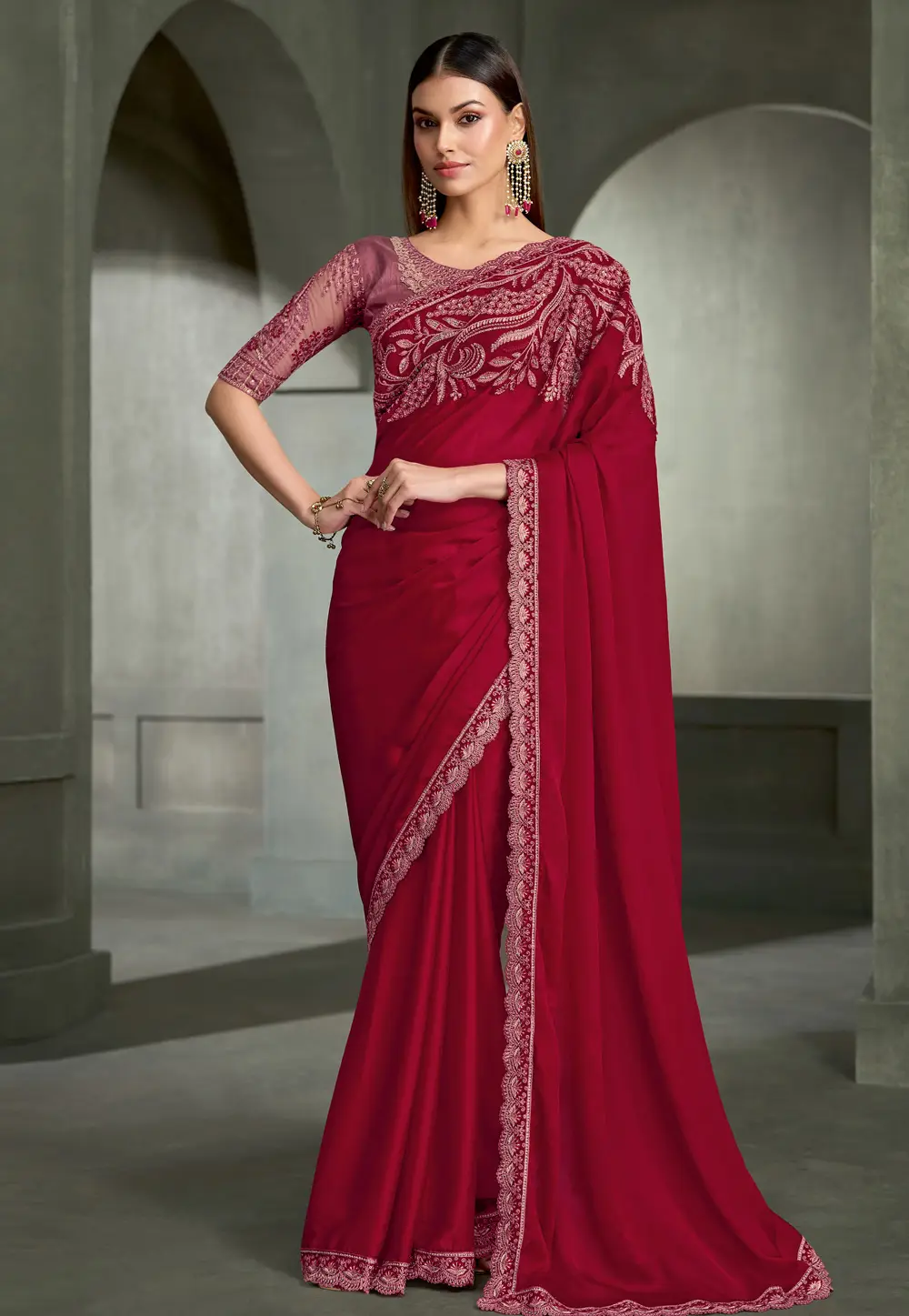 Red Satin Silk Saree With Blouse 335309