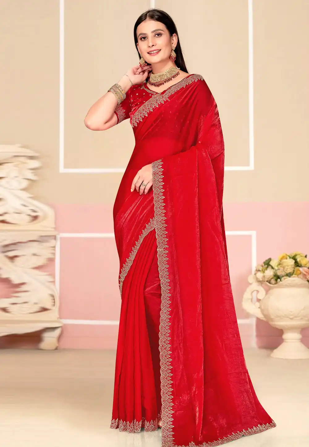 Red Satin Silk Saree With Blouse 310839