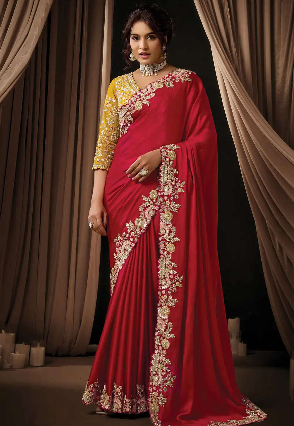 Red Satin Silk Saree With Blouse 325743