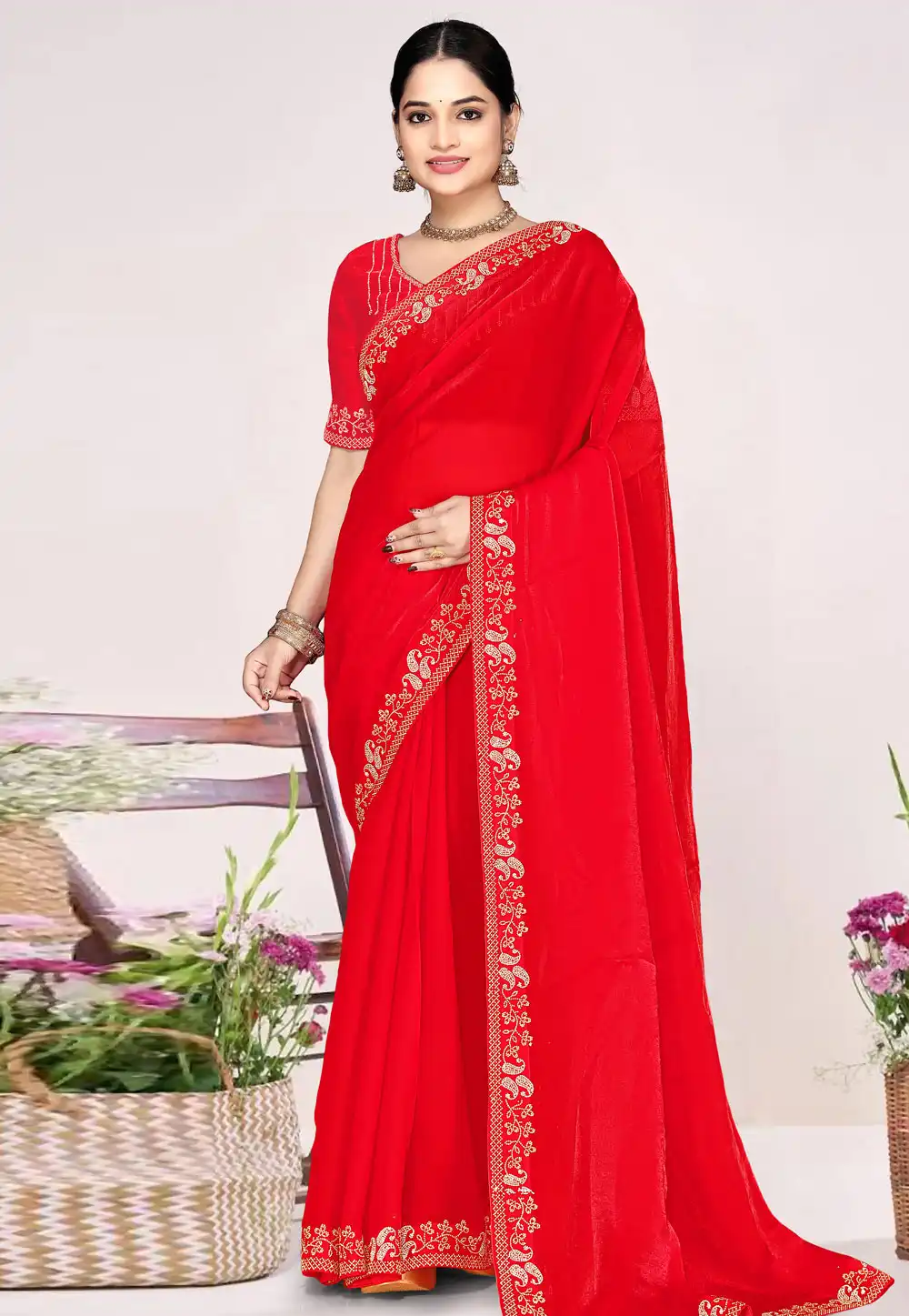 Red Satin Silk Saree With Blouse 326864