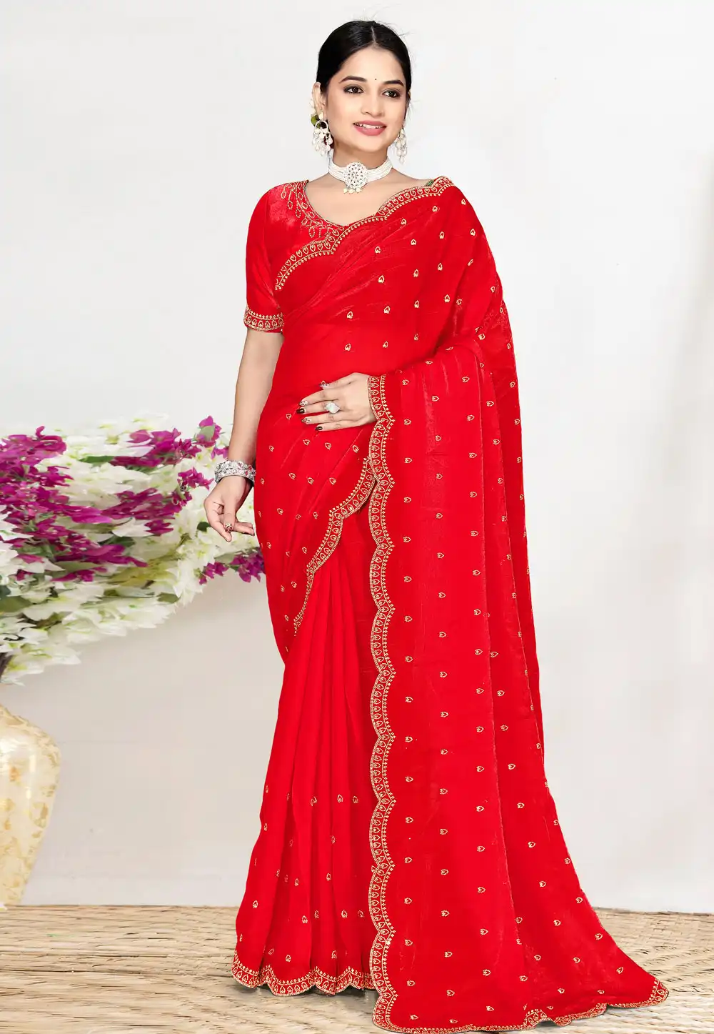 Red Satin Silk Saree With Blouse 327229