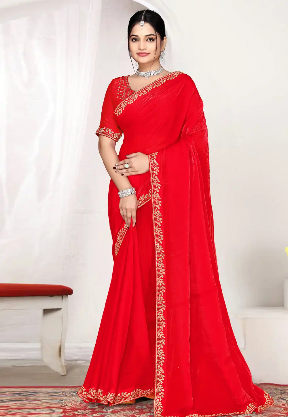 Red Satin Silk Saree With Blouse 327387