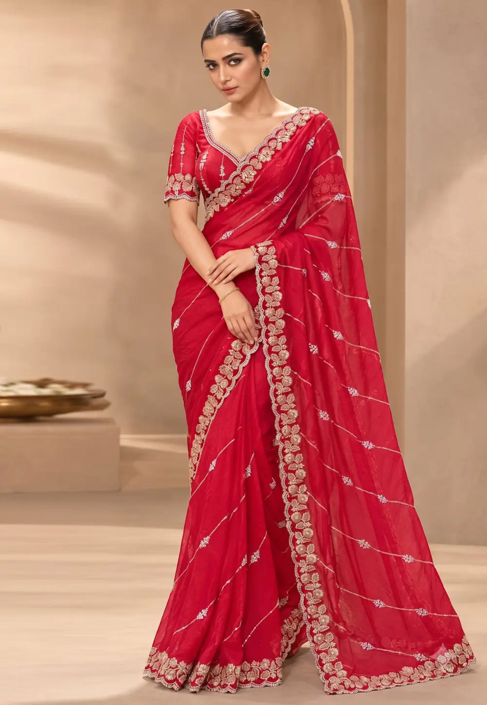 Red Satin Silk Saree With Blouse 337050