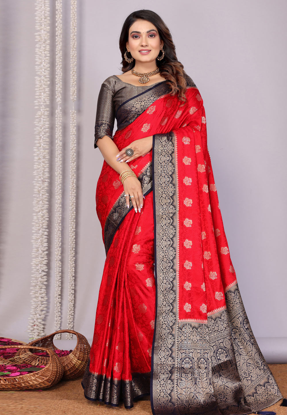 Red Satin Silk Saree With Blouse 312505