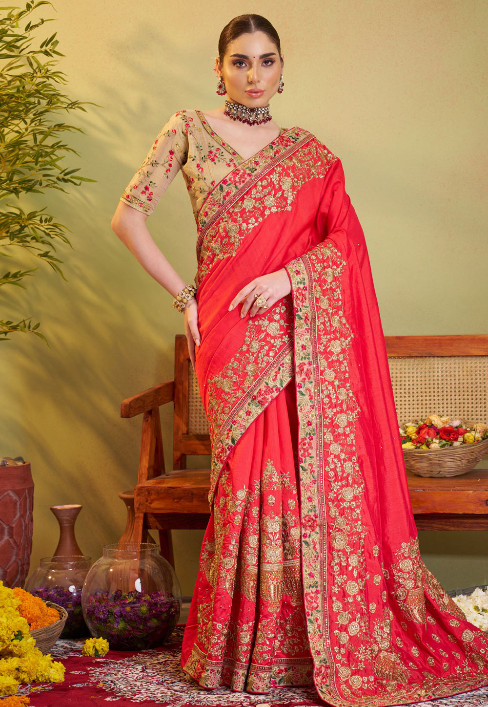 Red Satin Silk Saree With Blouse 306987