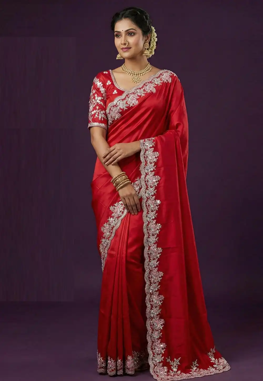 Red Satin Silk Saree With Blouse 322367