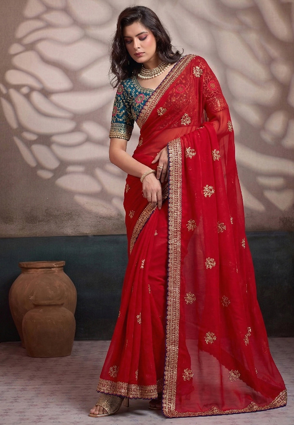 Red Satin Silk Saree With Blouse 330052