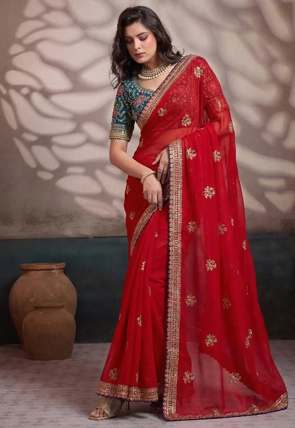 Red Satin Silk Saree With Blouse 330052