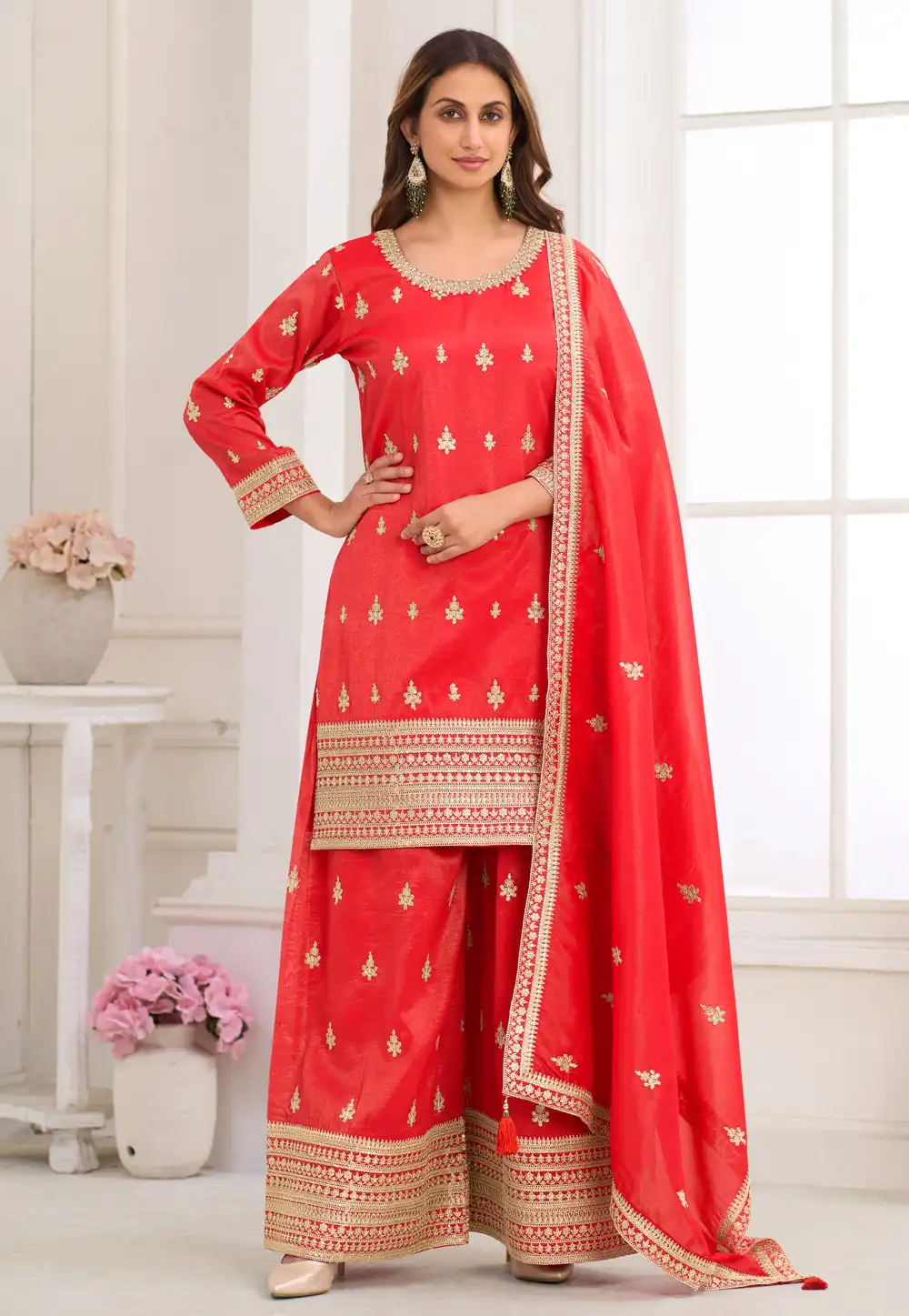 Red Shimmer Palazzo Suit 328390