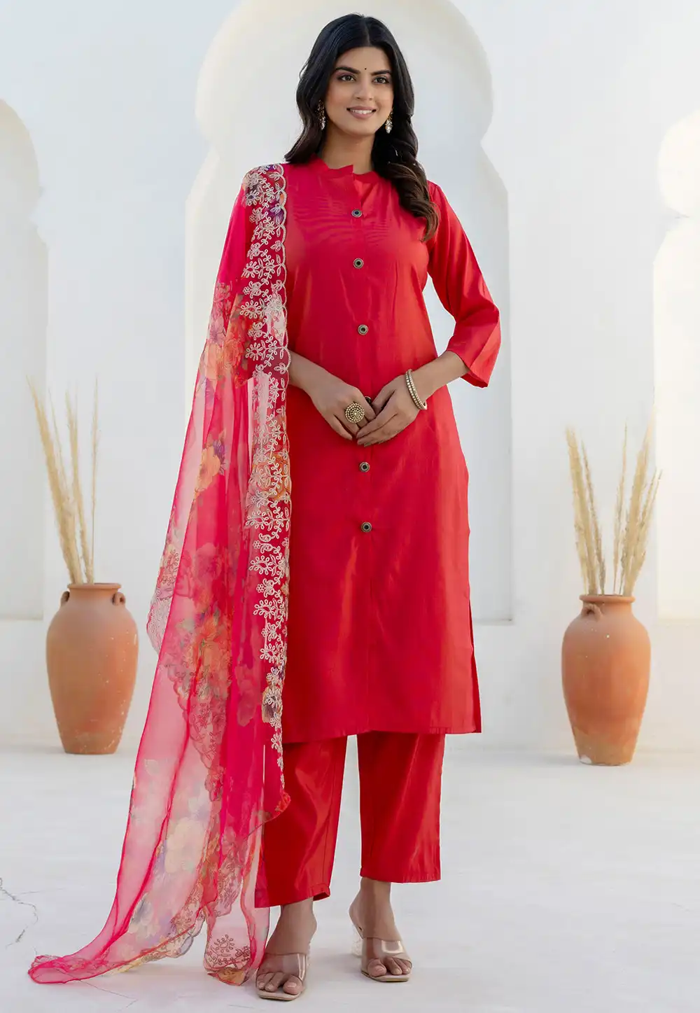Red Shimmer Readymade Pant Style Suit 314573
