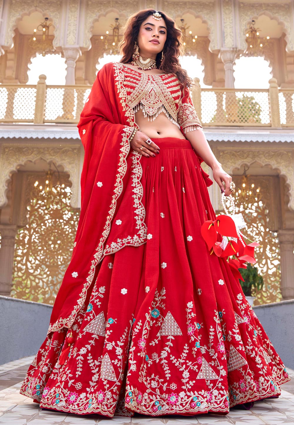 Red Silk Circular Lehenga Choli 324704