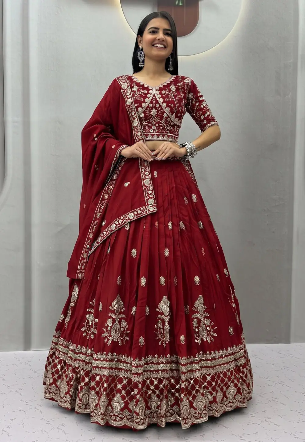Red Silk Circular Lehenga Choli 337052