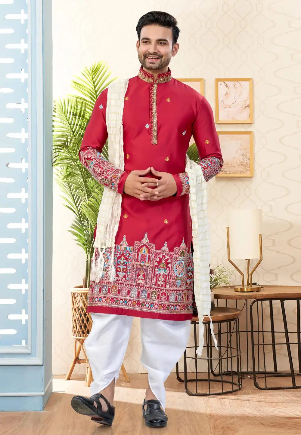 Red Silk Dhoti Kurta 324600