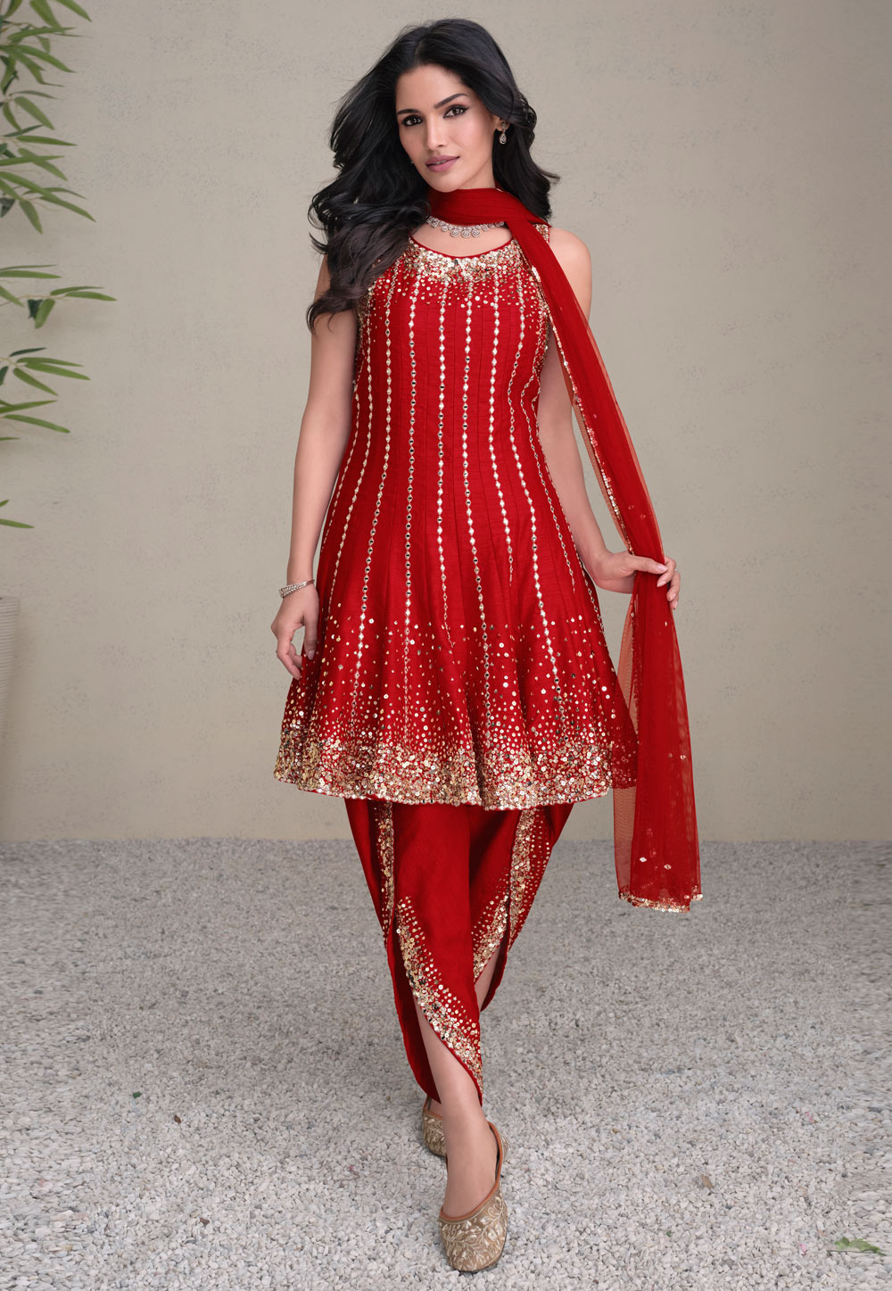 Red Silk Dhoti Salwar Kameez 307505