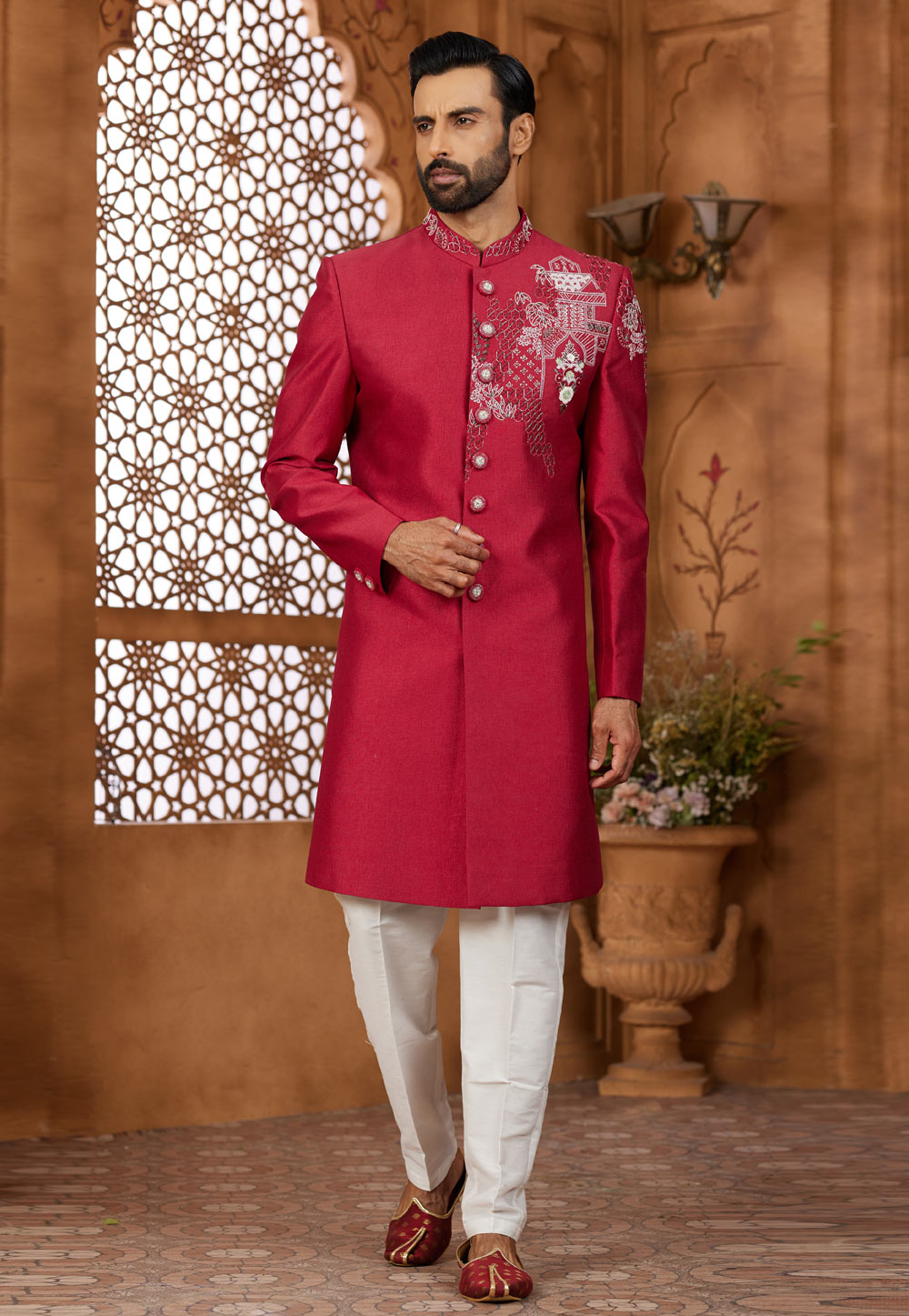 Red Silk Indo Western Sherwani 306707
