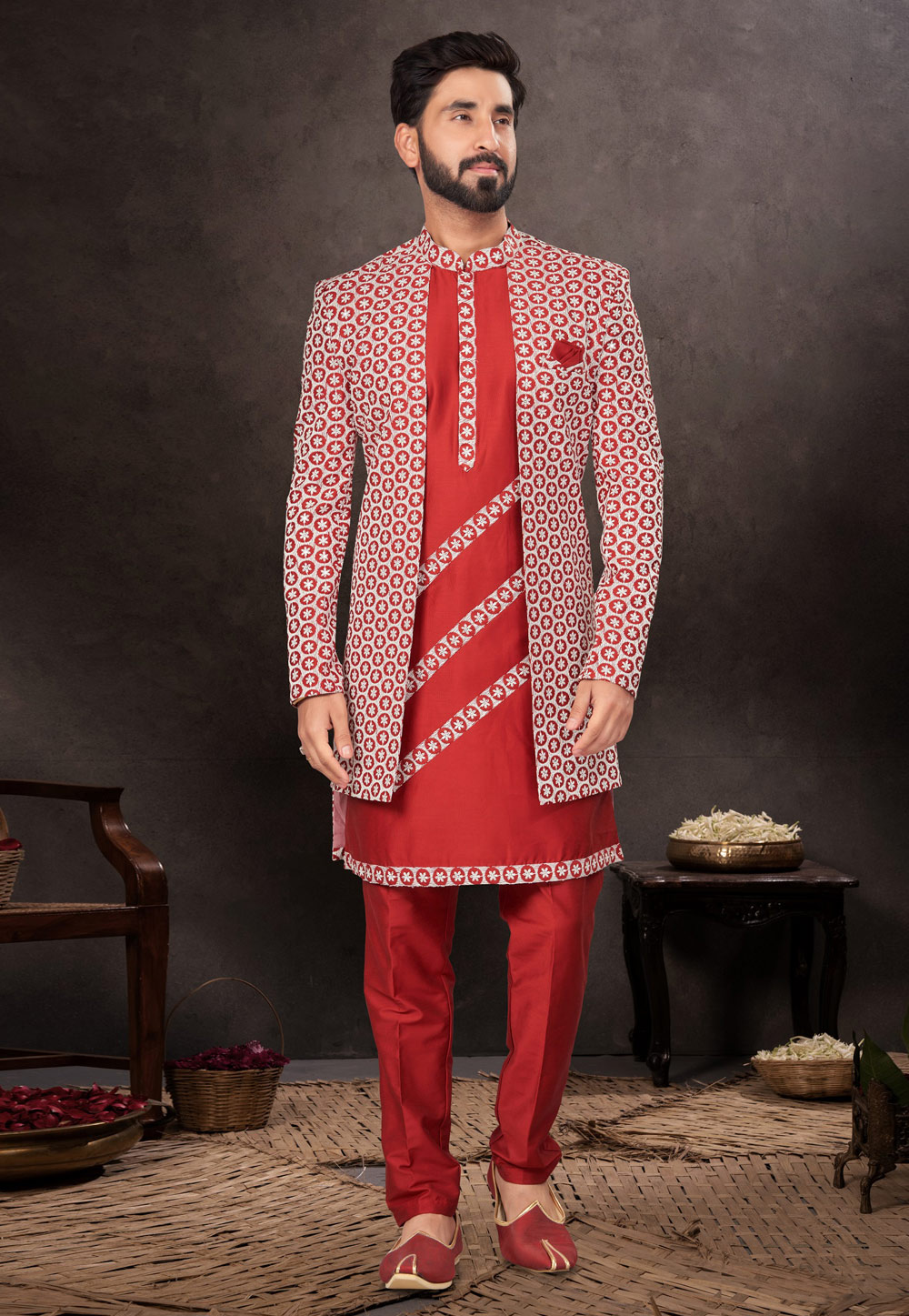 Red Silk Indo Western Suit 283979