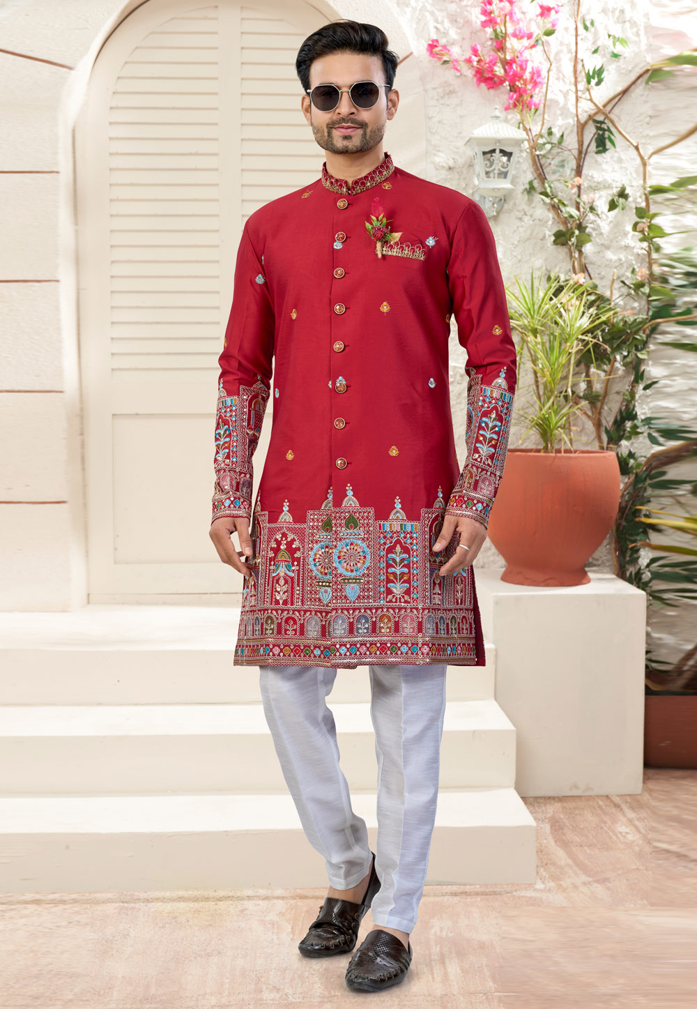 Red Silk Indo Western Suit 324612