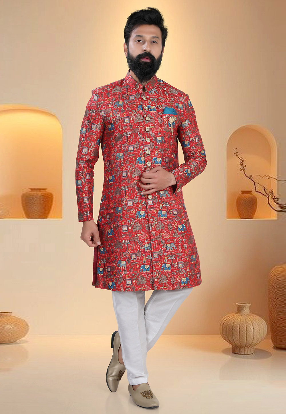 Red Silk Indo Western Suit 321304