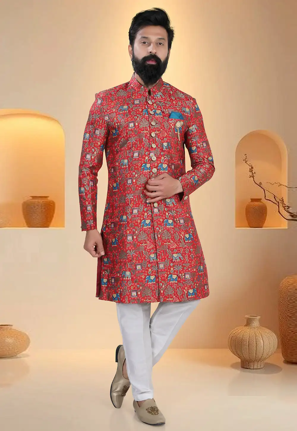 Red Silk Indo Western Suit 321304