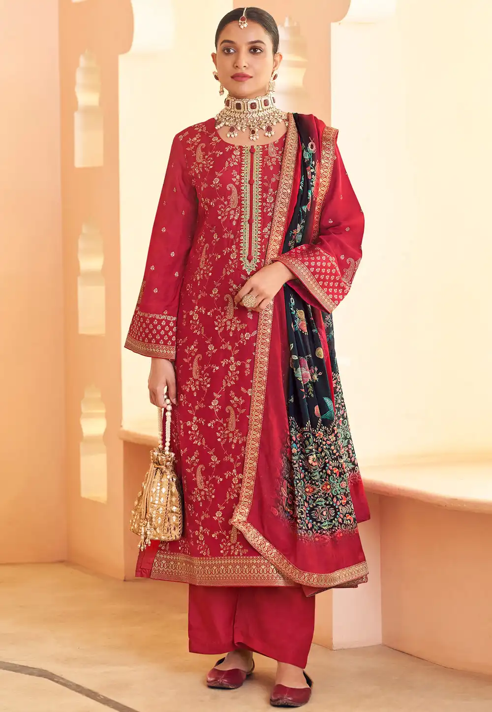 Red Silk Jacquard Palazzo Suit 314010