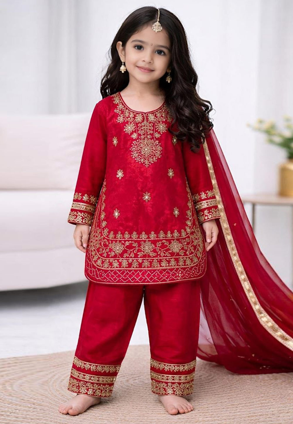 Red Silk Kids Salwar Suit 328243