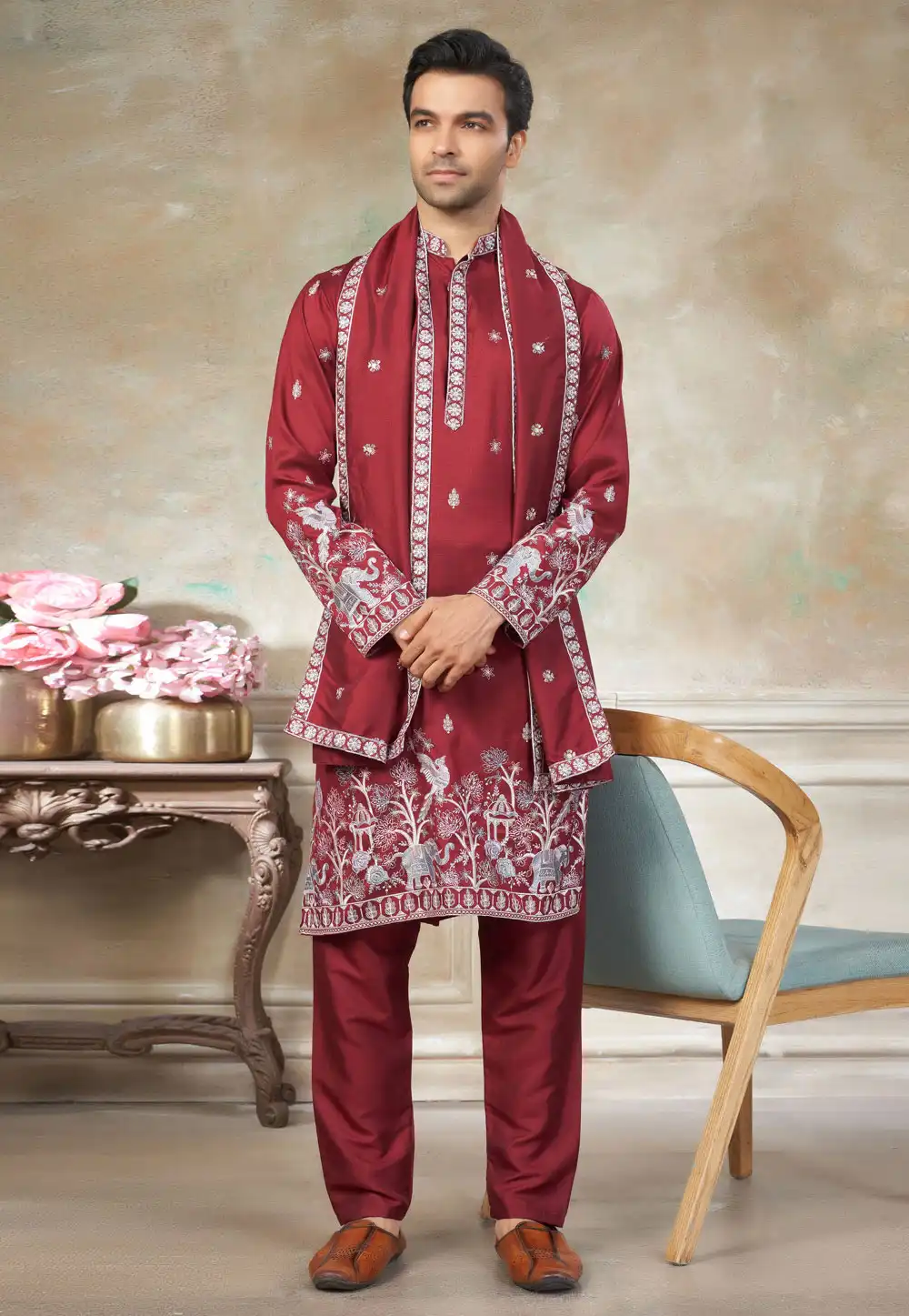 Red Silk Kurta Pajama With Stole 325992