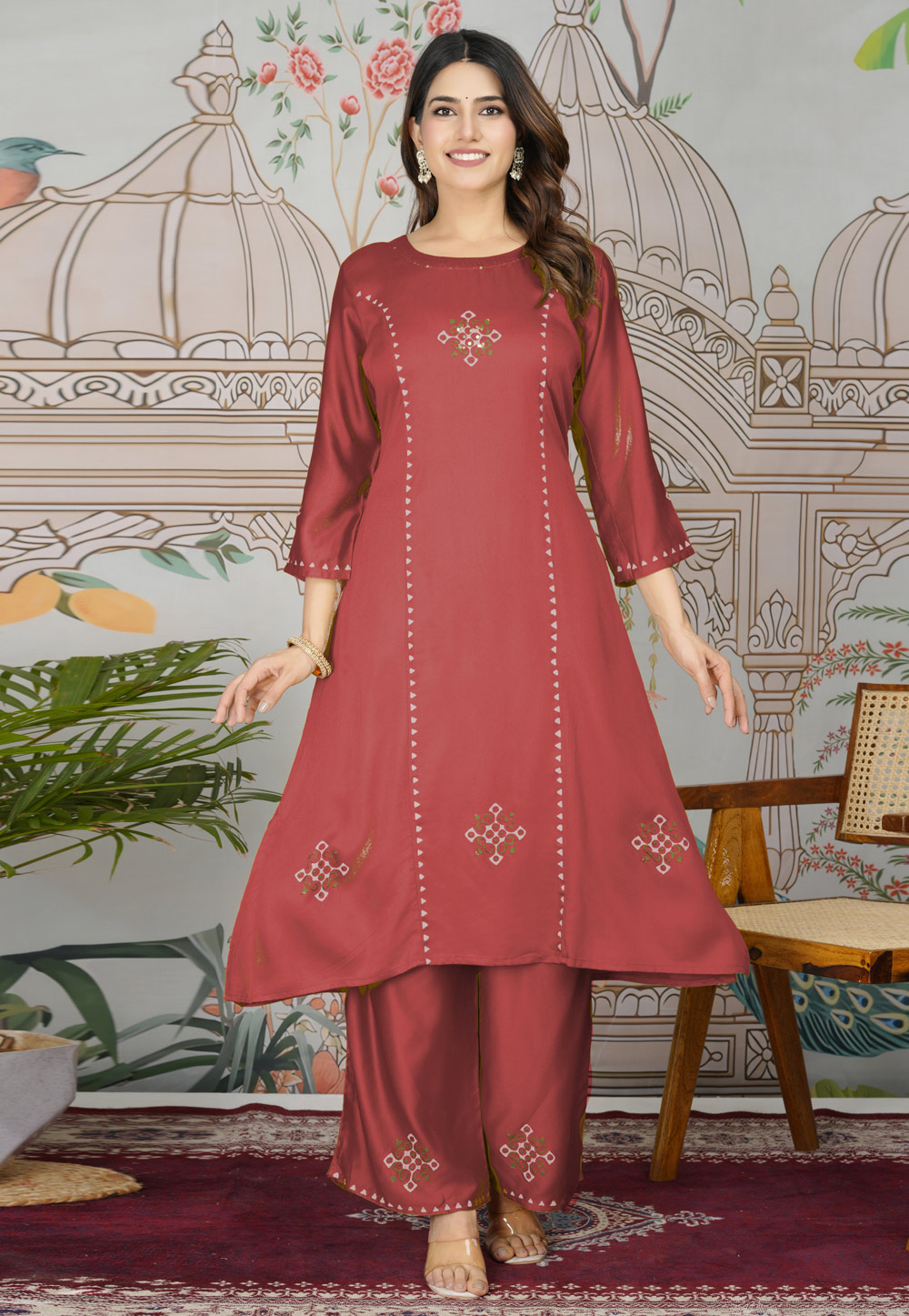 Red Silk Kurta Set With Palazzo 308336