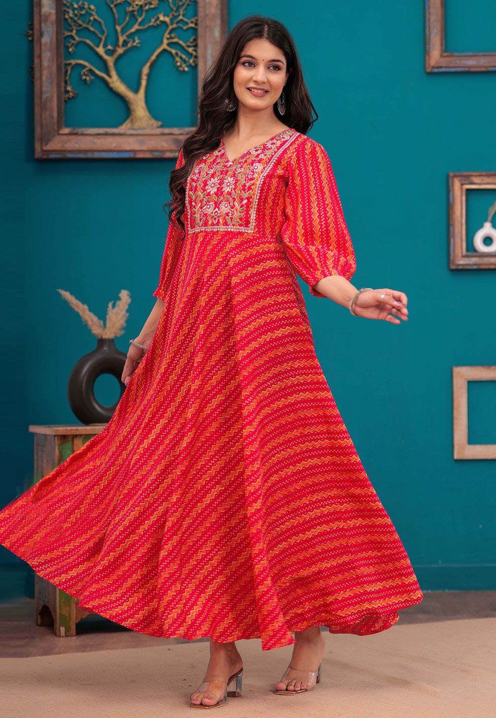 Red Silk Printed Gown 320091