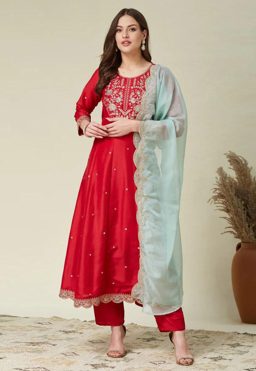 Red Silk Readymade Anarkali Suit 321605
