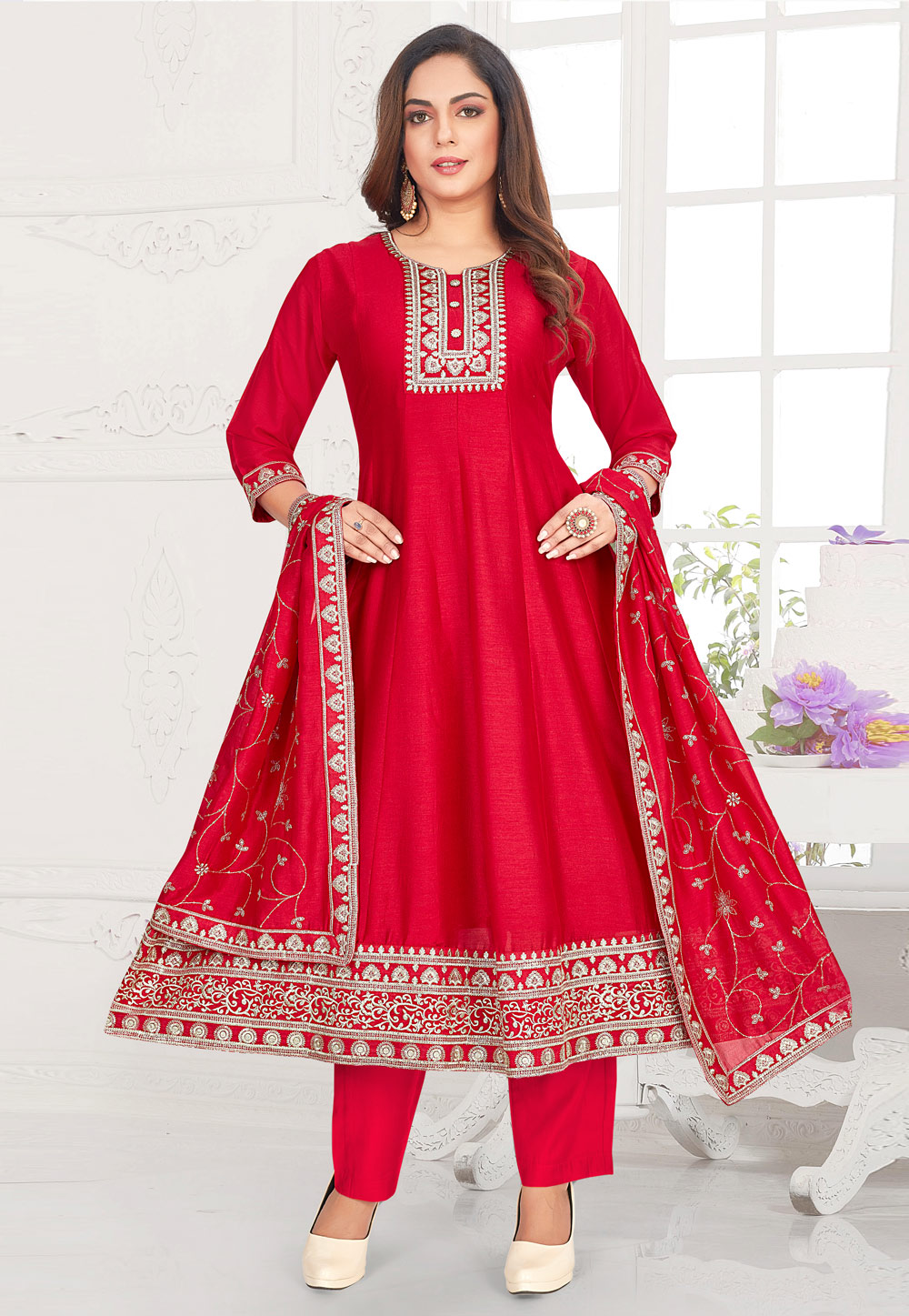 Red Silk Readymade Anarkali Suit 305046