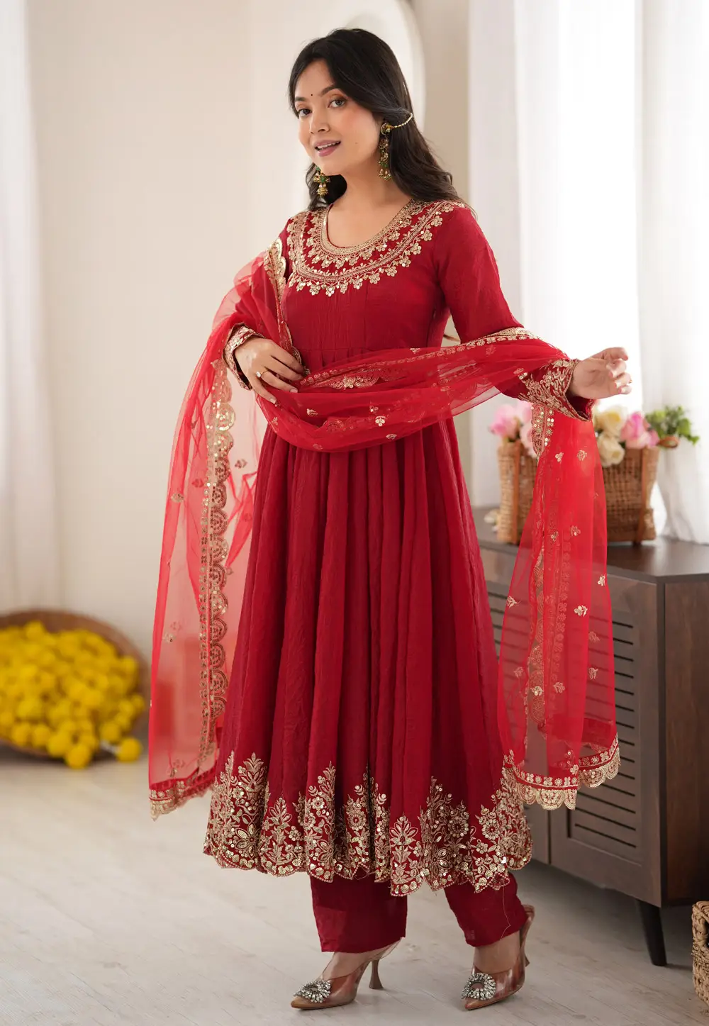 Red Silk Readymade Anarkali Suit 335121
