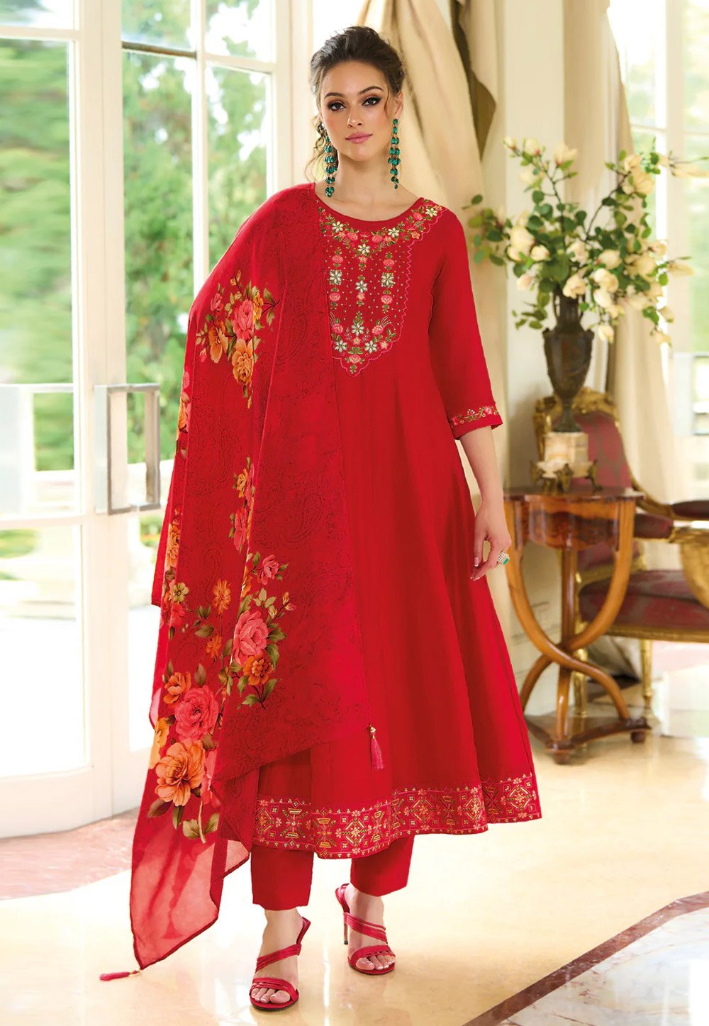 Red Silk Readymade Anarkali Suit 307126