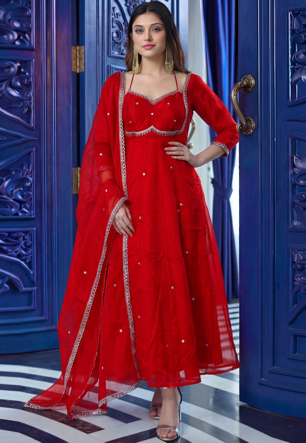 Red Silk Readymade Anarkali Suit 325469