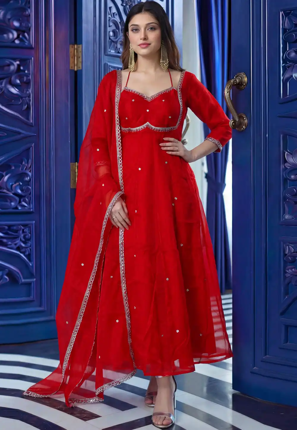 Red Silk Readymade Anarkali Suit 325469
