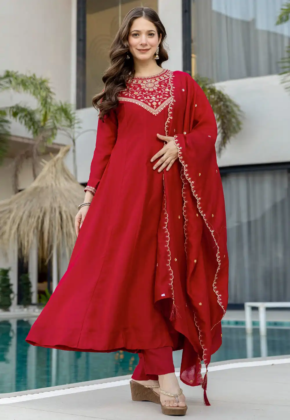 Red Silk Readymade Anarkali Suit 327159