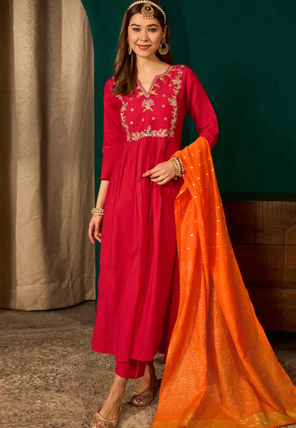 Red Silk Readymade Anarkali Suit 328784