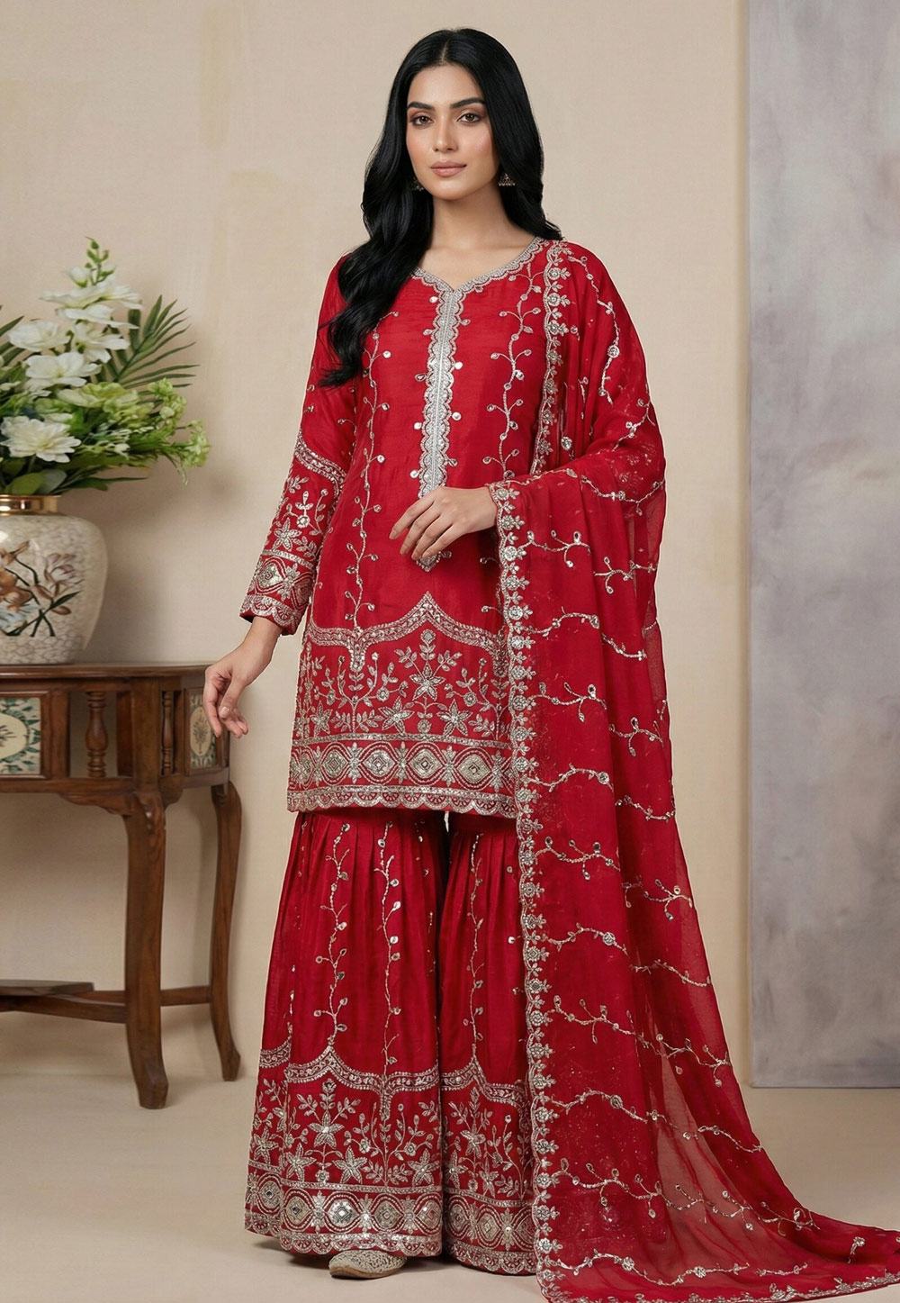 Red Silk Readymade Gharara Suit 324999