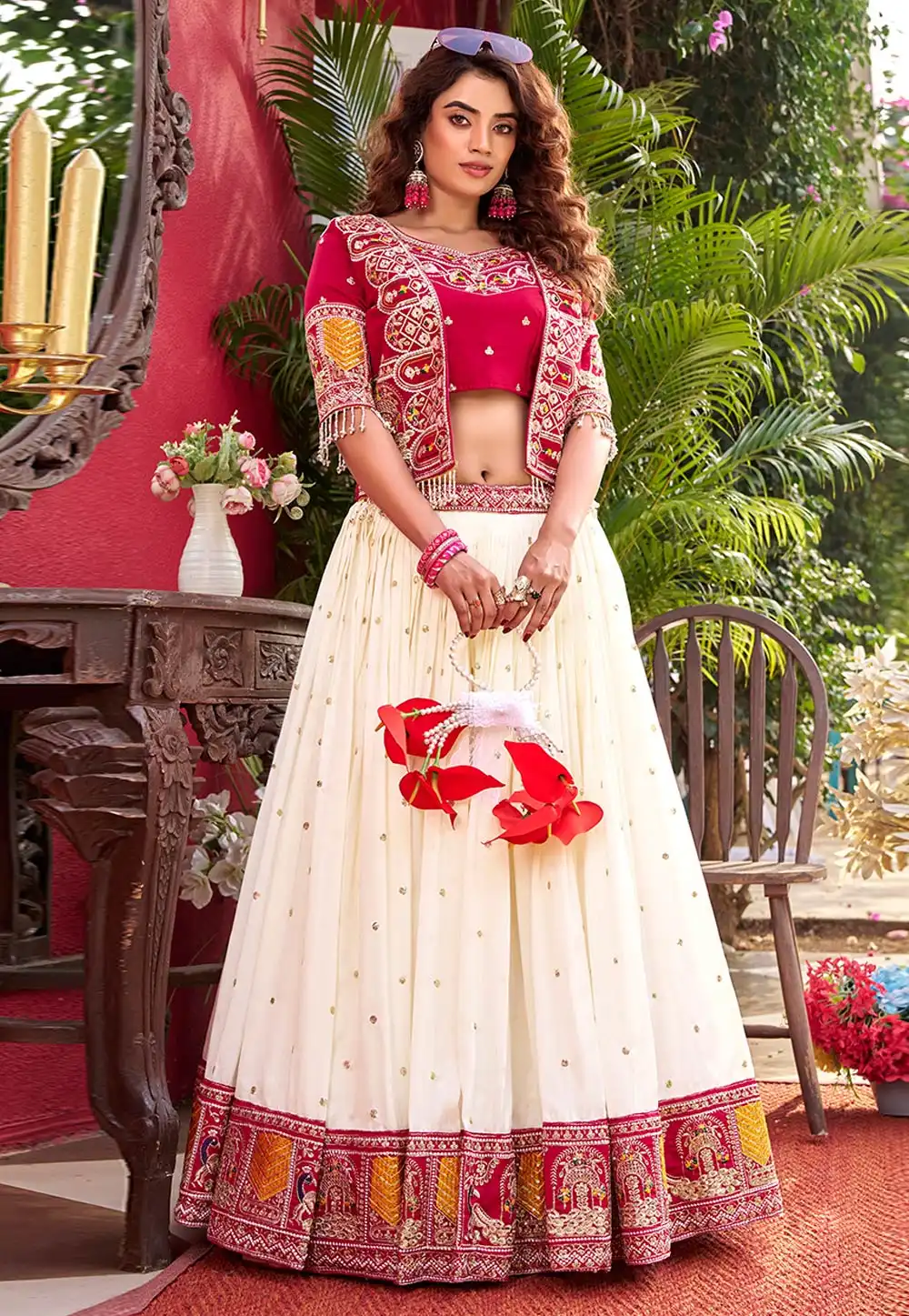 Red Silk Readymade Indo Western Lehenga Choli 326335