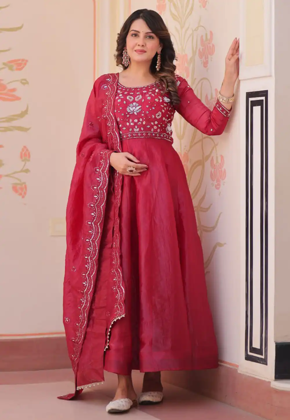 Red Silk Readymade Long Anarkali Suit 325952