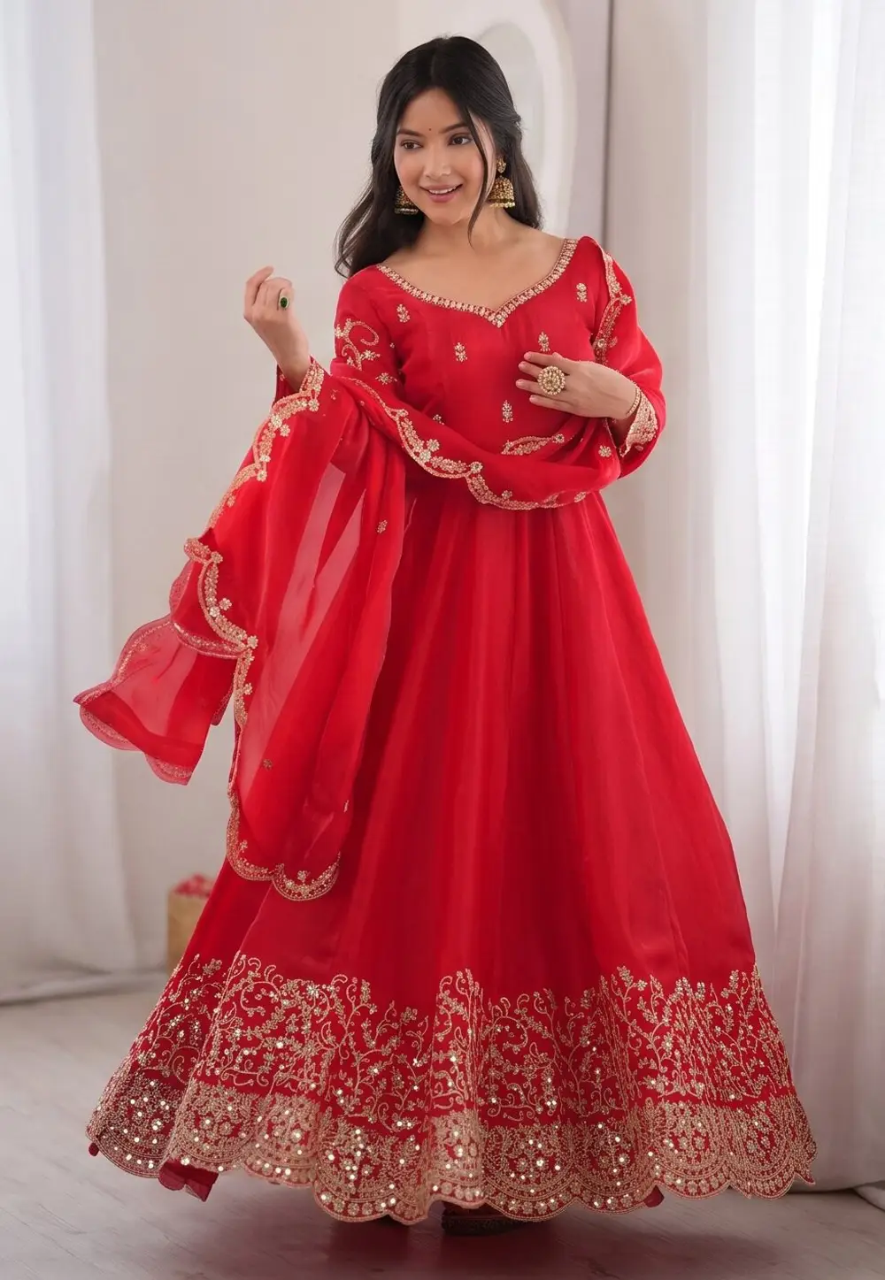 Red Silk Readymade Long Anarkali Suit 334541