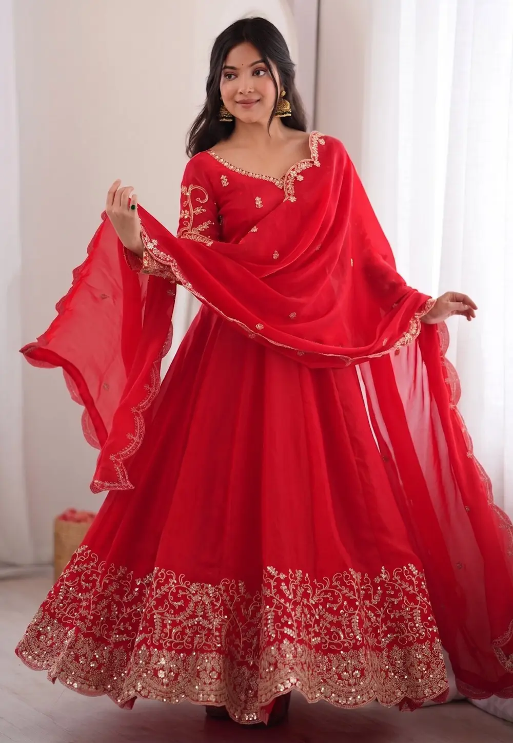 Red Silk Readymade Long Anarkali Suit 333727
